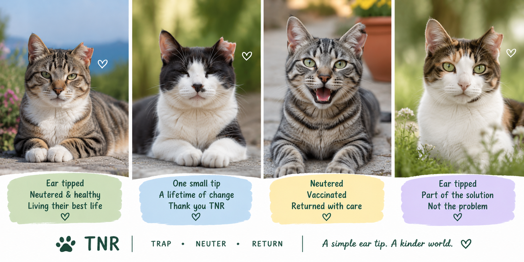 TNR awareness collage showing ear-tipped and neutered cats